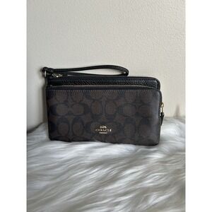 Coach Double Zip Wristlet Signature Canvas Brown Black C5576 NWT